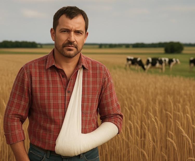agriculteur le bras dans le plâtre